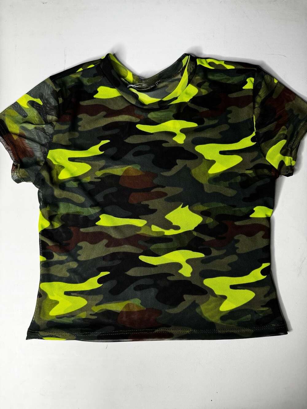 Just Polly Green Neon Camouflage Short Sleeve Mesh Top